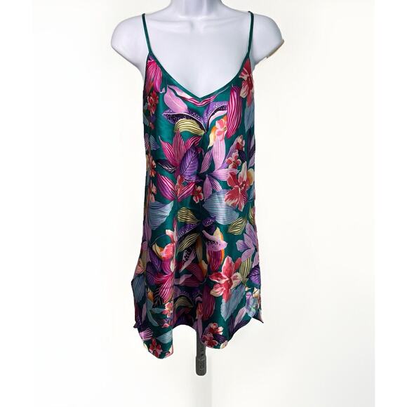 Vintage 80s California Miss Paisley Print Lingerie Dress Teal Purple Satin - Picture 1 of 5